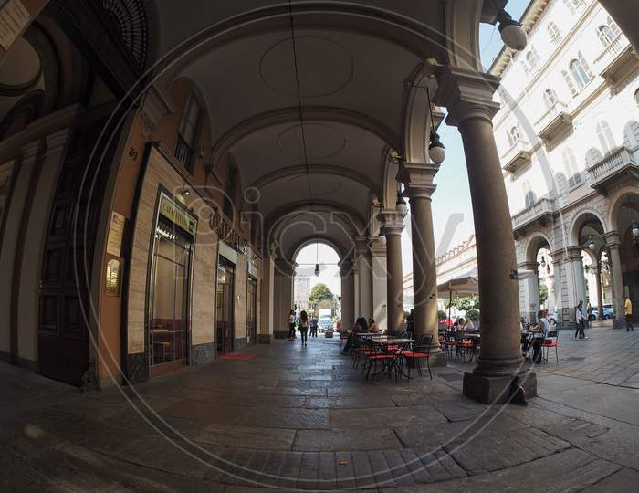 Turin, Italy - Circa September 2018: Colonnade Portico Seen With Fisheye Lens