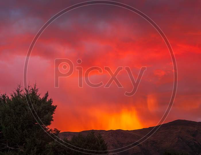Fiery Sunset At Wanaka In New Zealand
