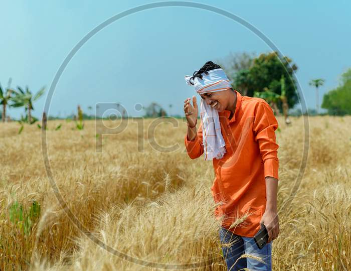 Indian farmer at golden wheat field
