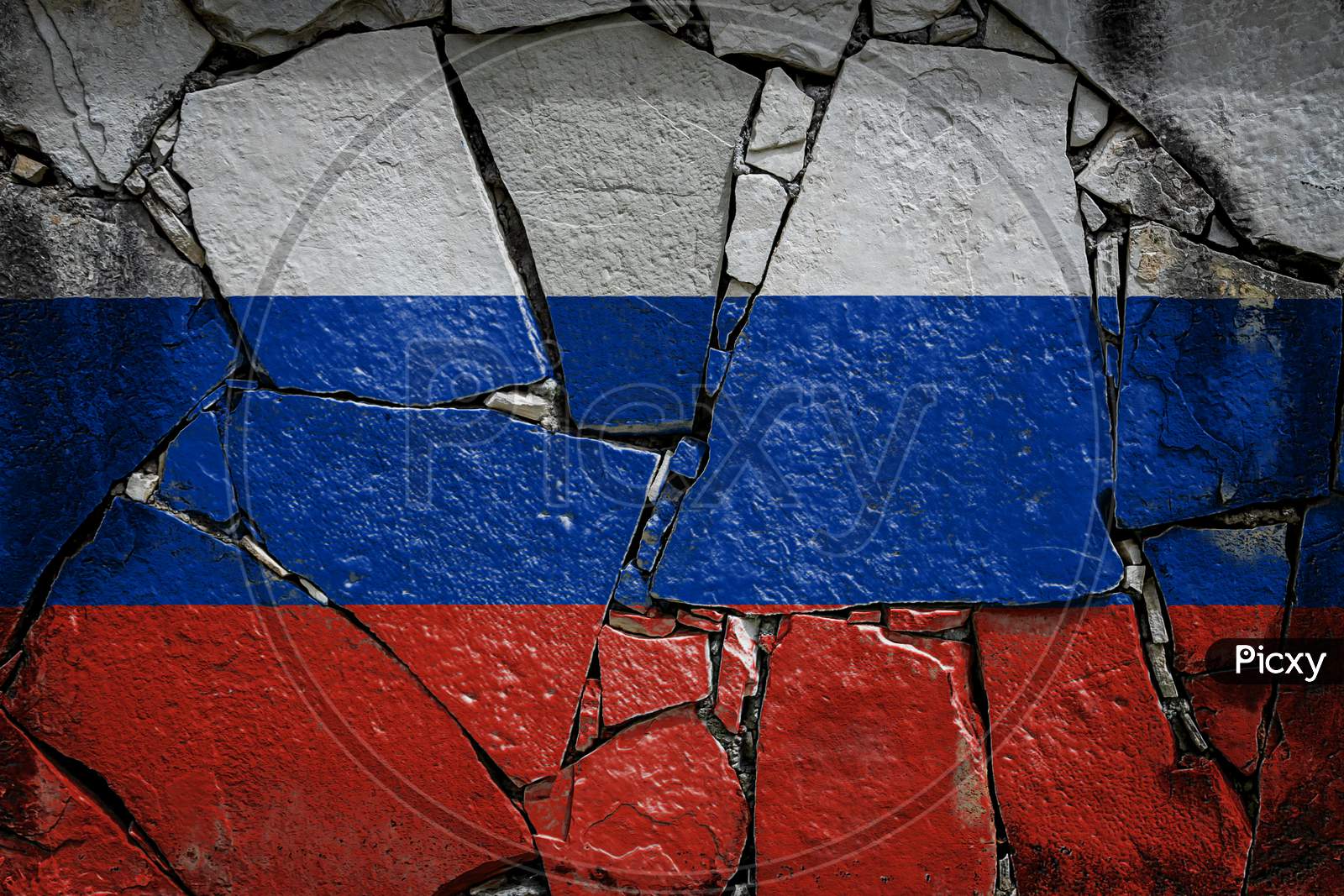 National Flag Of Russia Depicting In Paint Colors On An Old Stone Wall. Flag  Banner On Broken  Wall Background.