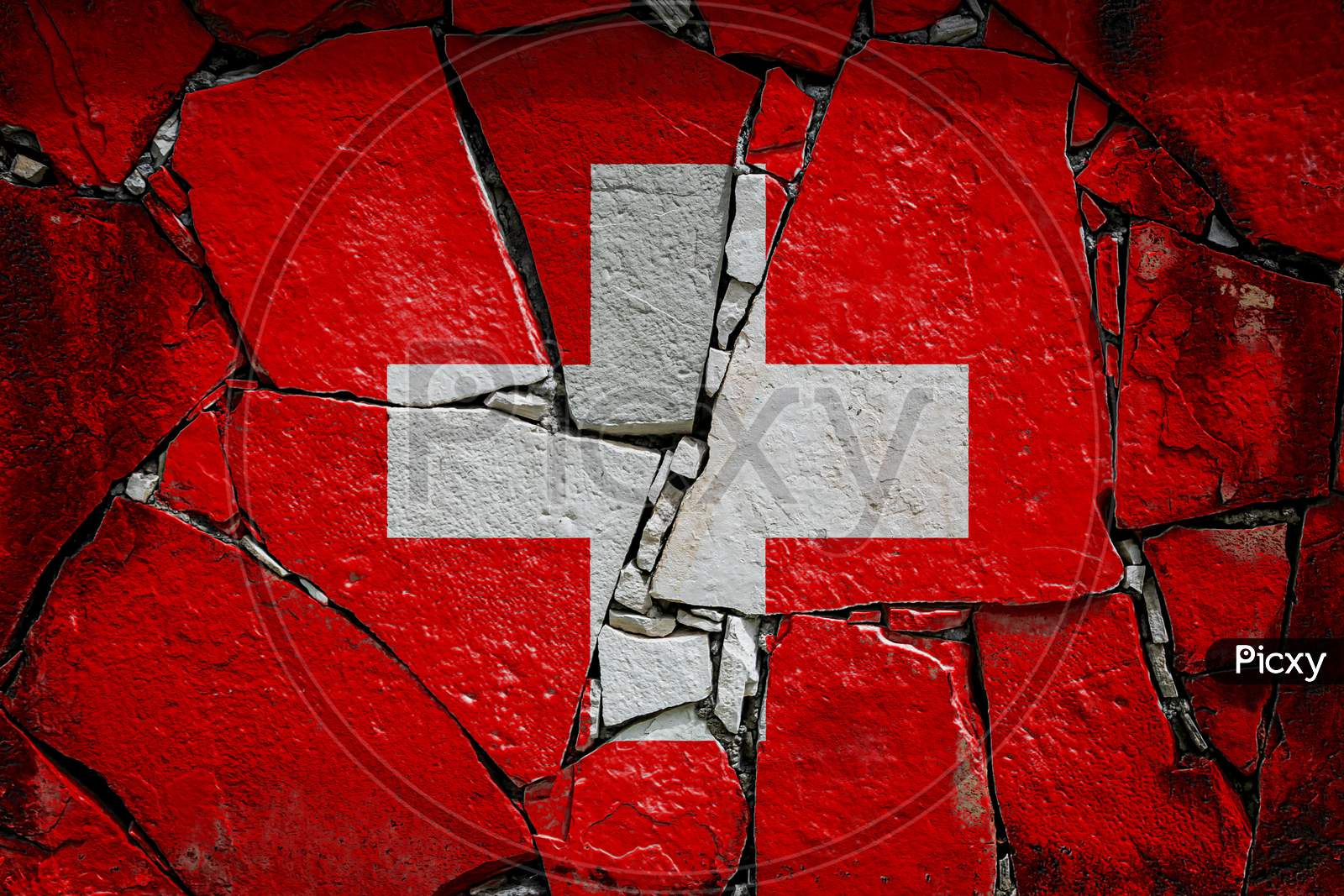 National Flag Of Switzerland Depicting In Paint Colors On An Old Stone Wall. Flag  Banner On Broken  Wall Background.