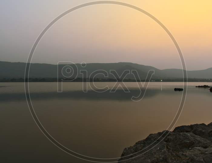 Panoramic After Sunset Landscape View Of Beautiful Kasarsai Dam Situated In Pune, Maharashtra, India