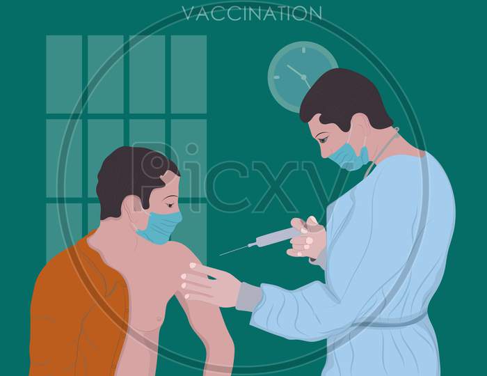 Coronavirus Vaccination Process Of Immunization Against Covid-19, Doctor Injecting A Patient