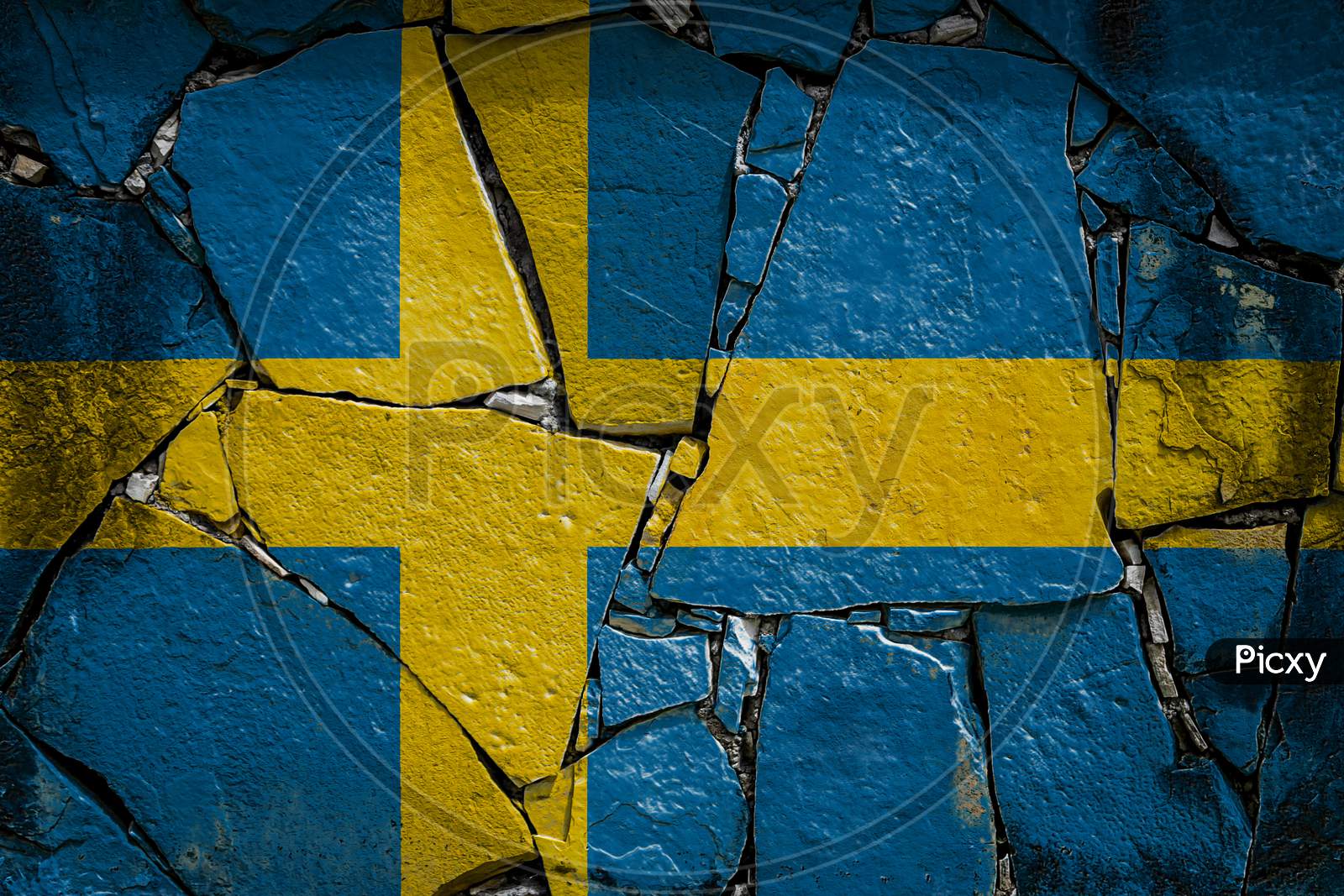 National Flag Of Sweden Depicting In Paint Colors On An Old Stone Wall. Flag  Banner On Broken  Wall Background.