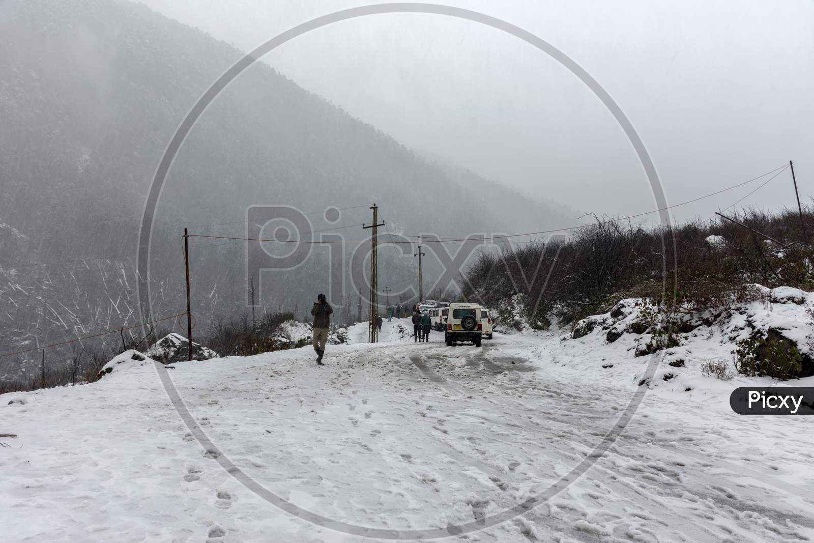 Fresh Snow On Road Causes Road Block At Yumthang Valley, Sikkim, India. Selective Focus.