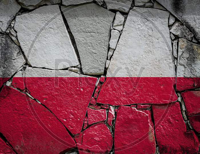 National Flag Of Poland Depicting In Paint Colors On An Old Stone Wall. Flag  Banner On Broken  Wall Background.