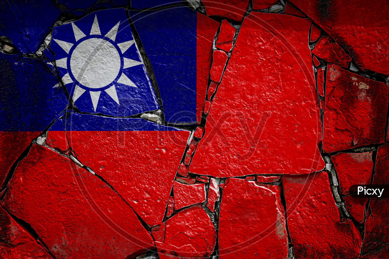 National Flag Of Taiwan Depicting In Paint Colors On An Old Stone Wall. Flag  Banner On Broken  Wall Background.