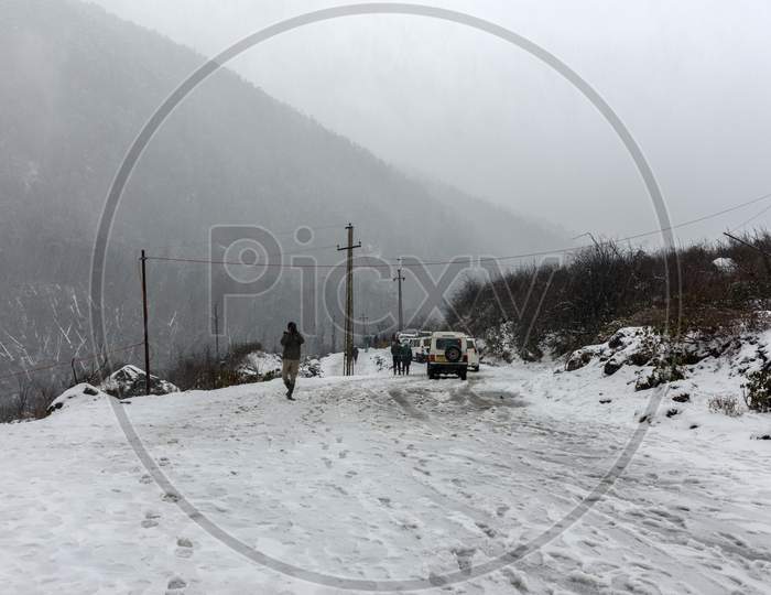 Fresh Snow On Road Causes Road Block At Yumthang Valley, Sikkim, India. Selective Focus.