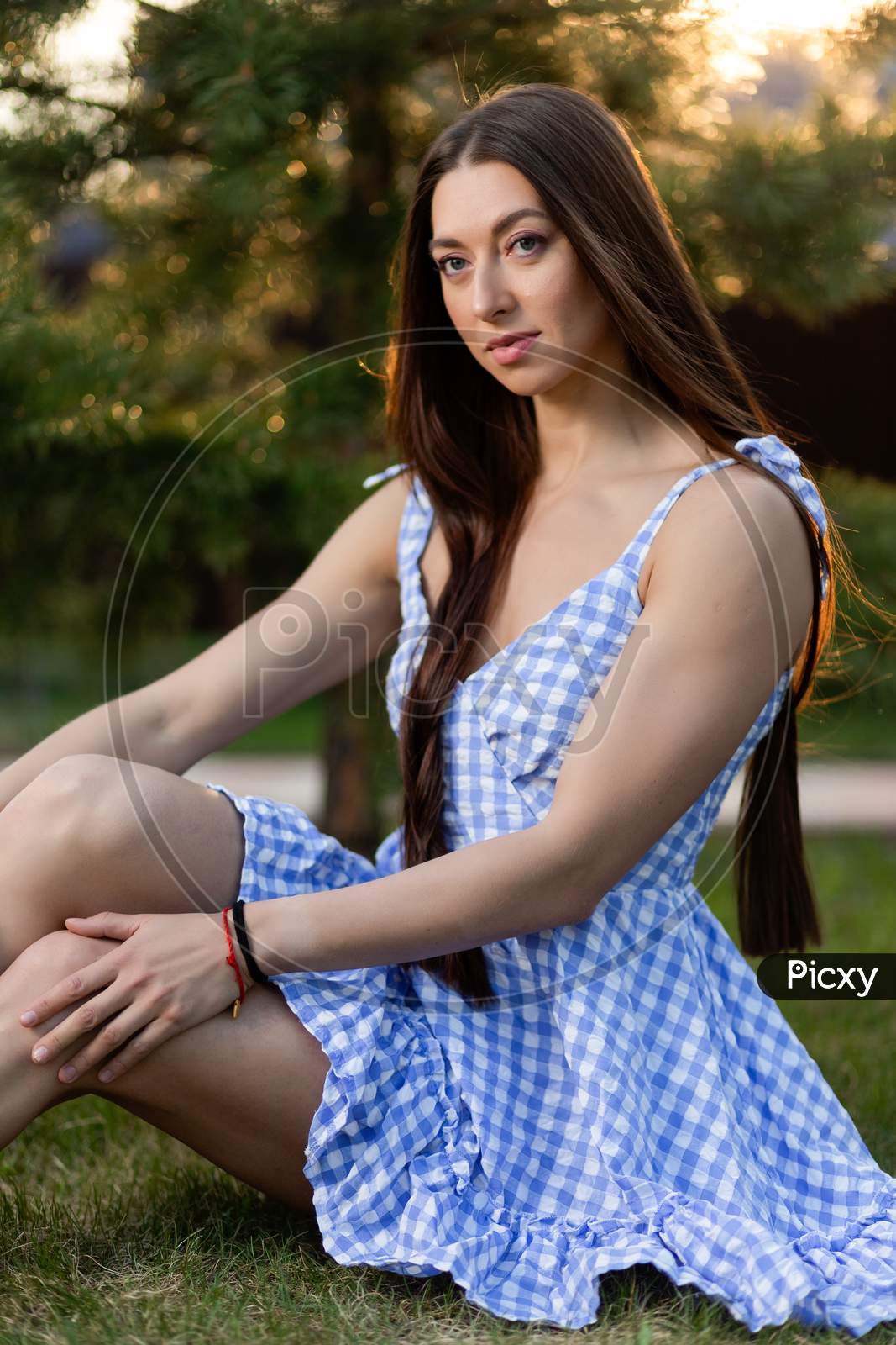 A Young Woman  Sits Relaxed In A Checkered Short Dress   On The Green Grass In The Park On A Warm Day. The Concept Of Summer Vacation In The Village And Live Style