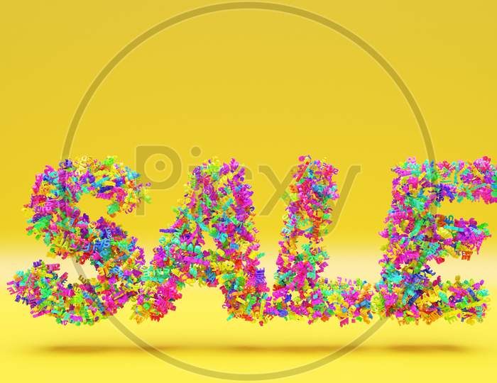 3D Illustration Of A Colorful Geometric  Inscription Sale Background. Mega Sale Discount Offer Design.Shop Or Online Shopping. Sticker, Badge Coupon Store