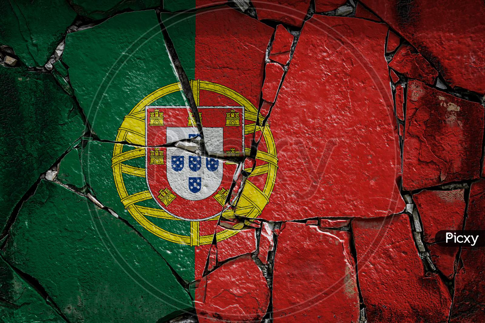 National Flag Of Portugal Depicting In Paint Colors On An Old Stone Wall. Flag  Banner On Broken  Wall Background.