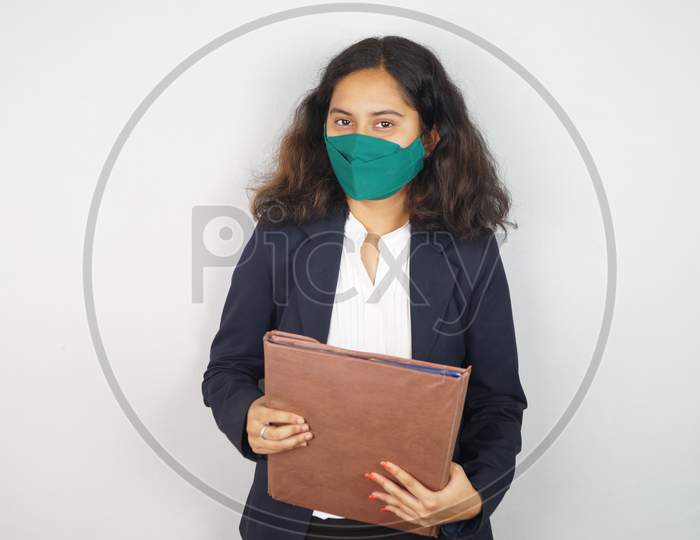 Girl Wearing Mask In Office , Corona Warriors , Face Mask , Using Sanitizer Images .