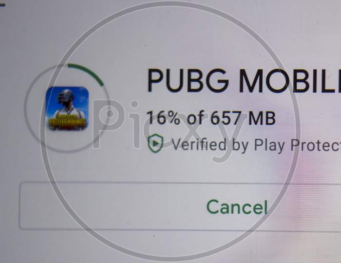 Krakow, Poland - May 01, 2021: A Close Up Macro Shot Of A Pubg Mobile App Game Being Installed On Phone.