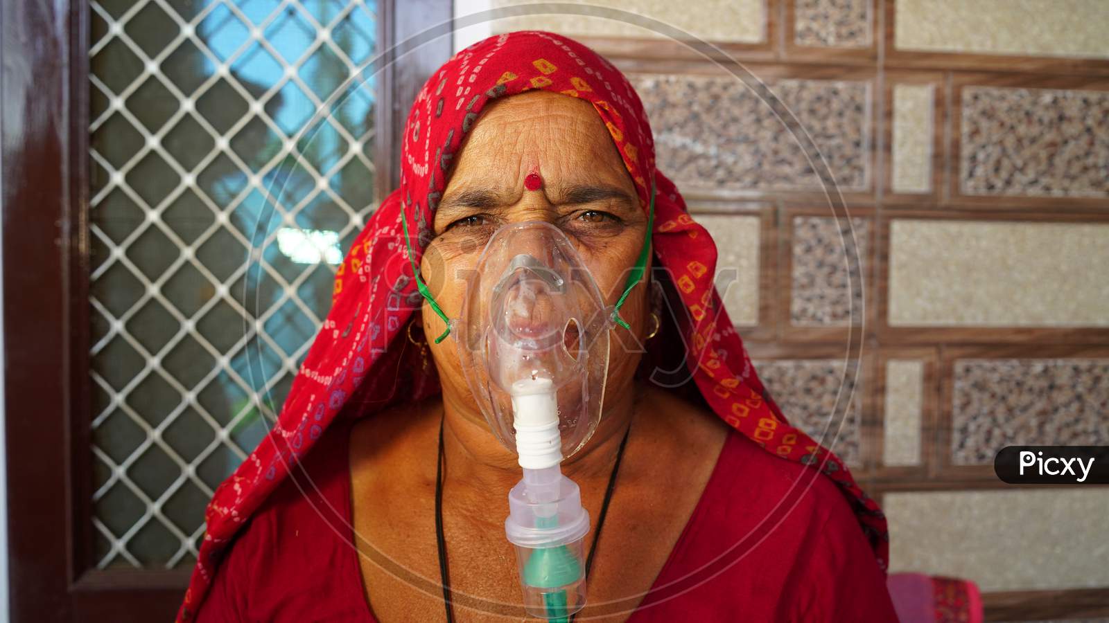 Image of Woman Suffering From Covid 19 Disease. Old Woman Admitted In