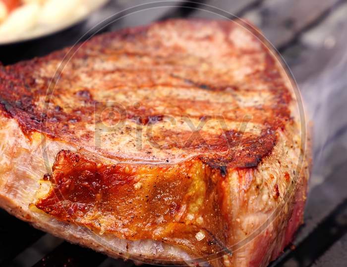Grill marked slice meat close up stock picture. Fresh and juicy grilled steak