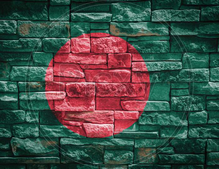 National Flag Of Bangladesh On Stone  Wall Background.The Concept Of National Pride And Symbol Of The Country. Flag  Banner On  Stone Texture Background.