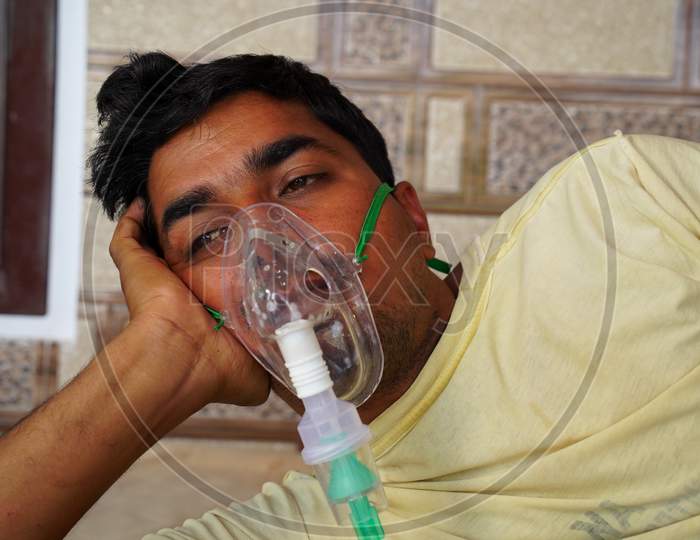 Image of Man Infected With Covid 19 Disease. Patient Inhaling Oxygen ...