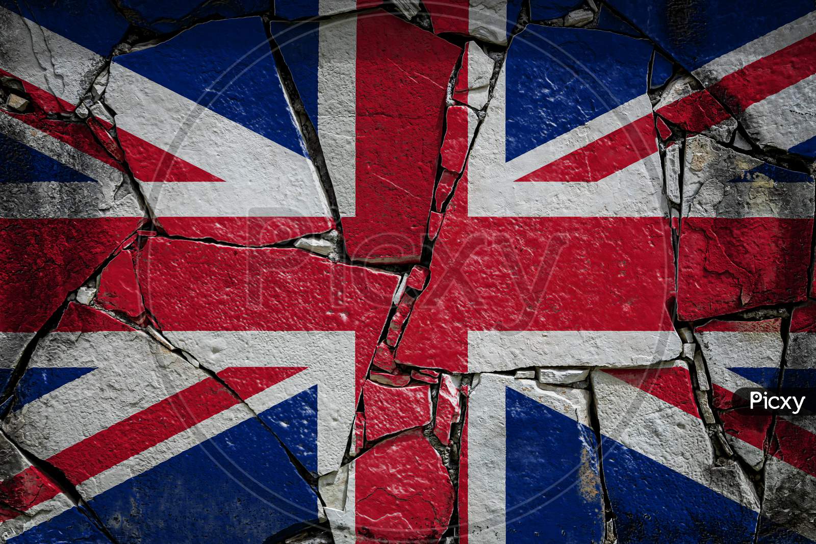 National Flag Of United Kingdom Depicting In Paint Colors On An Old Stone Wall. Flag  Banner On Broken  Wall Background.