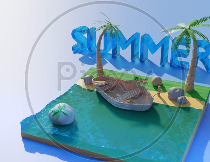 3D Illustration Of A Small Section Of The Island With Clear Water And The Sea Shore, On Which There Is A Boat With Oars, Palm Trees. Tropical Coast, Beach With Hanging Palms. Sea View, Island Green