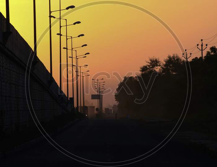 Morning View, Sunrise in the morning, Street light pattern on the bridge, Transportation, by road, national highway