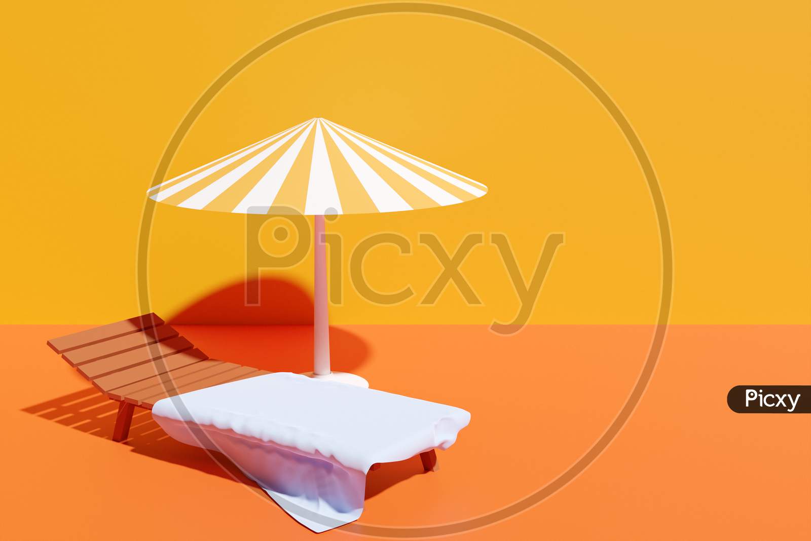 3D Illustration Of A Beach Chair With A White Beach Towel Under A Striped Parasol, On An Isolated Orange Background.Summer Vacation Concept By The Beach. Summer Minimalistic Background