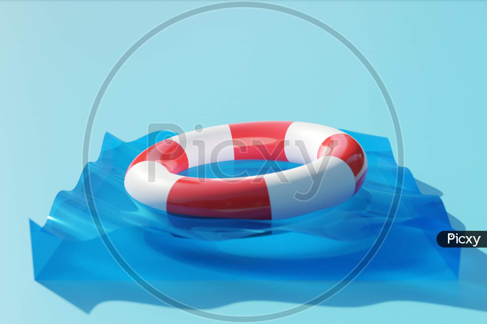 3D Illustration Of A White And Red Lifebuoy Floats In The Clear Water. Emergency Lifebuoy In The Water. Saving Lives. Summer Background