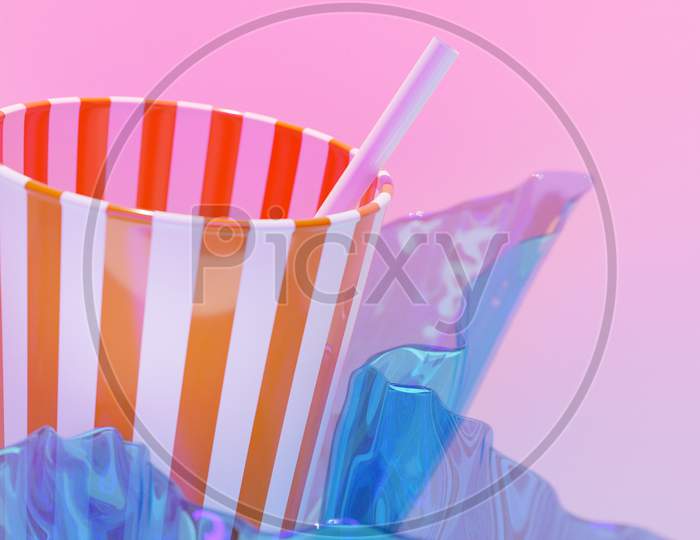 3D Illustration Of A White And Red Cup In A Straw For Cool Drinks Floats In Clear Water. Summer Glass For Drink. Summer Background, Template