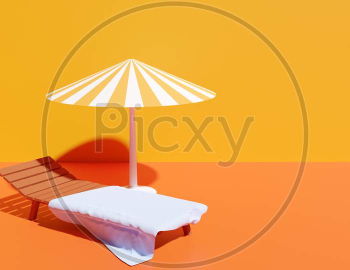3D Illustration Of A Beach Chair With A White Beach Towel Under A Striped Parasol, On An Isolated Orange Background.Summer Vacation Concept By The Beach. Summer Minimalistic Background