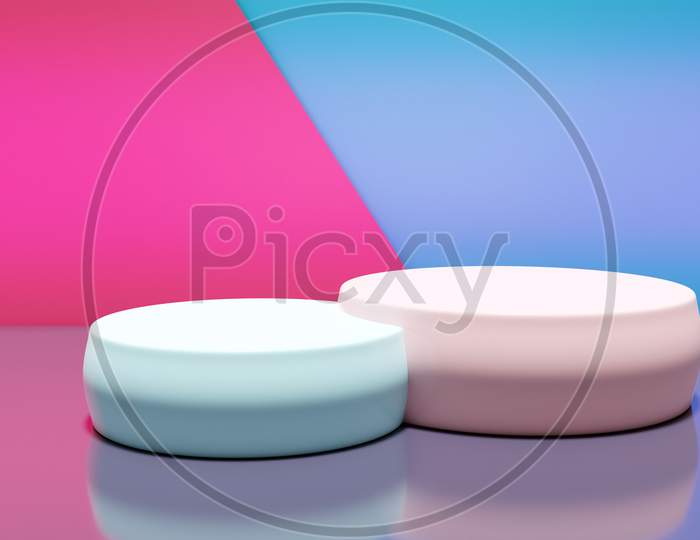 Illustration Of A 3D Podium Podium From Two Circles On A Pink And Blue Background Geometric Composition. 3D Rendering. Summer Minimalistic Background