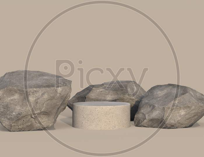 3D Render Of Abstract Product Display Podium On Brown Background With Rocks.
