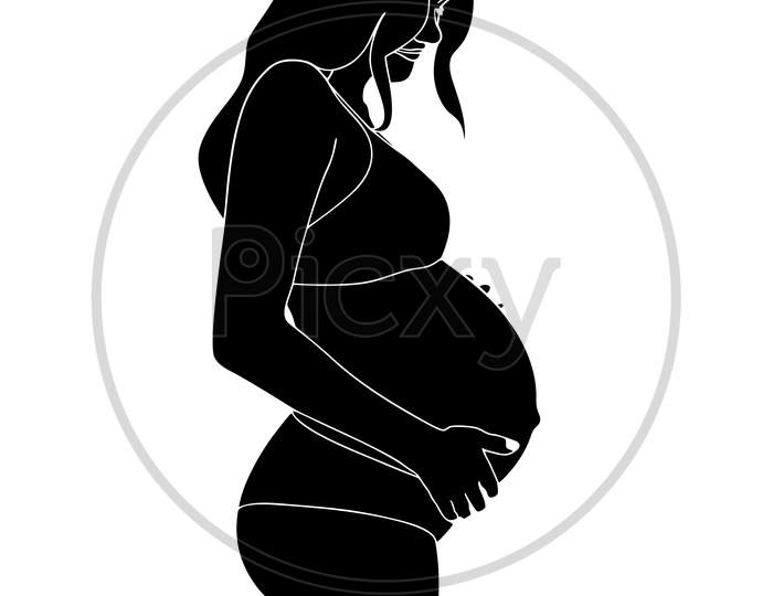 Illustration Of Pregnant Mother Showing Baby Bump Silhouette On White Background