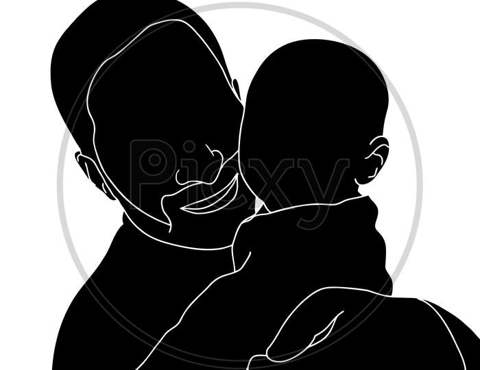 Father And Son Happy Moment Illustration On Single Colored Background.