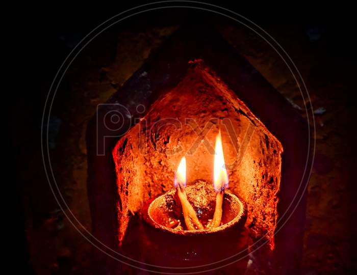 Diwali Diya, Oil Lamp Beautifully Decorated On The Festive Occasion Of Deepavali, Deepawali. Beautiful Stock Photo With Copy Space Of Diwali Diya For Background Concept.