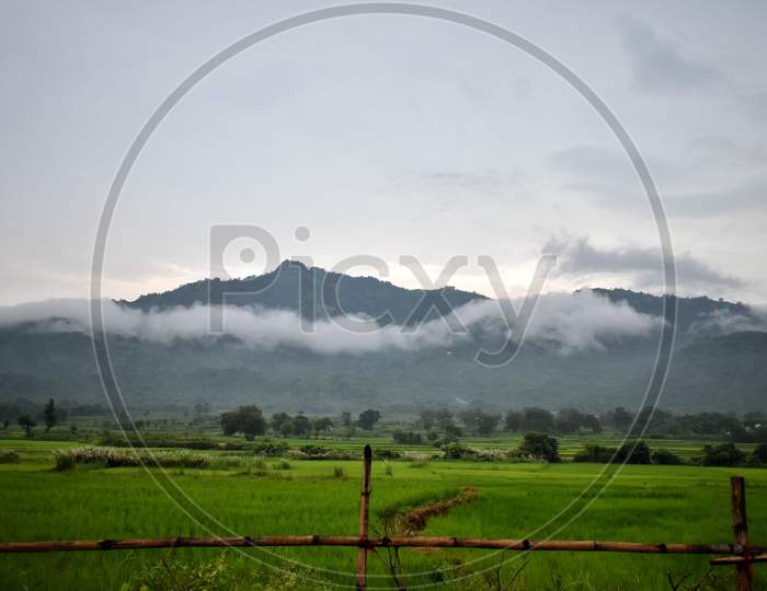 Mountain Range With Visible Silhouettes Through The Morning Colorful Fog, India.Tourism And Travel Concept Image, Fresh And Relax Type Nature Image