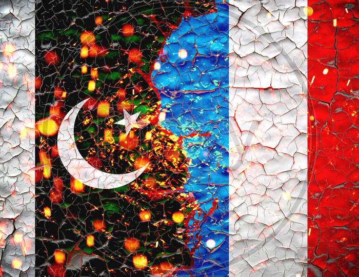 Grunge France Vs Pakistan National Flags Icon Pattern Isolated On Broken Cracked Wall Background, Abstract International Political Relationship Friendship Divided Conflicts Concept Texture Wallpaper.