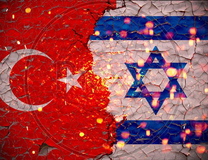Grunge Israel Vs Turkey National Flags Icon Pattern Isolated On Broken Cracked Wall Background, Abstract International Political Relationship Friendship Divided Conflicts Concept Texture Wallpaper.