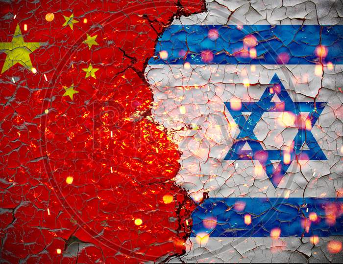 Grunge Israel Vs China National Flags Icon Pattern Isolated On Broken Cracked Wall Background, Abstract International Political Relationship Friendship Divided Conflicts Concept Texture Wallpaper