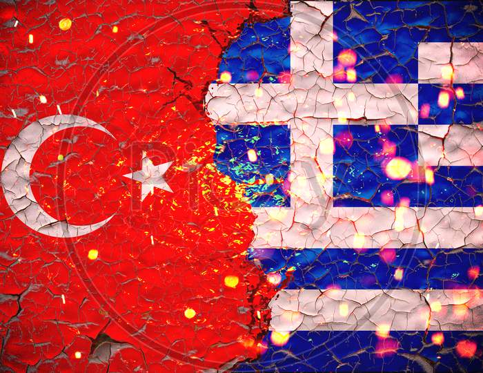Image of Grunge Greece Vs Turkey National Flags Icon Pattern Isolated On Broken Cracked Wall ...
