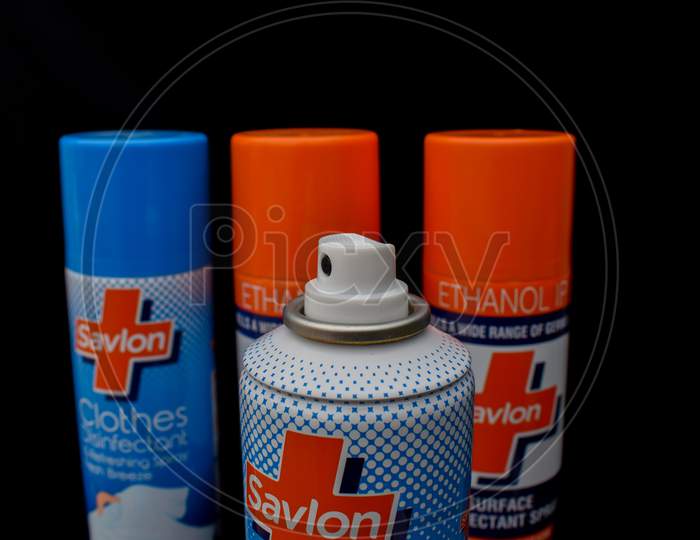 Image of Four bottles of savlon disinfectant spray against corona covid