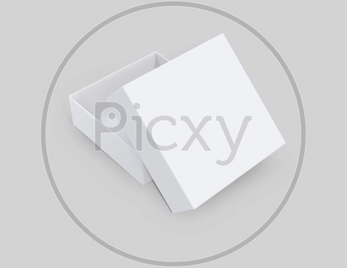 3D Rendering Of White Square Box With Open Lid, On Soft Grey Background. Slightly Opened Box. 3D Render. 3D Illustration.