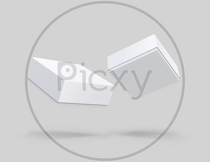 3D Rendering Of Two White Boxes. Perspective View Showing Two Levitated Boxes. 3D Render. 3D Illustration.