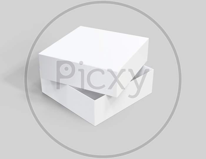 3D Rendering Of White Square Box On Soft Grey Background. Slightly Opened Box With Lid Showing Perspective View. 3D Render. 3D Illustration.