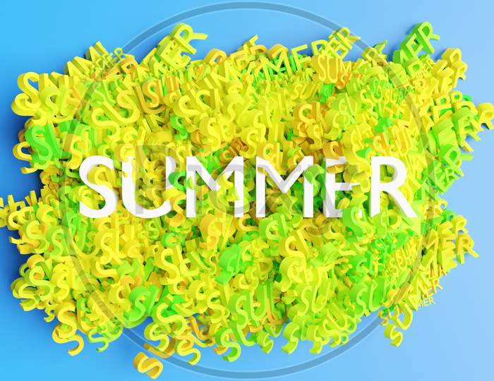 3D Illustration Bright Inscription Summer On A Background Of Green Letters. Promotion Of Fashion, Beauty And Cosmetics. Summer Sale Trendy Banners. Summer Background