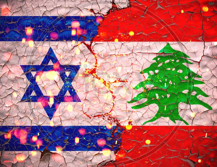 Grunge Israel Vs Lebanon National Flags Icon Pattern Isolated On Broken Cracked Wall Background, Abstract International Political Relationship Friendship Divided Conflicts Concept Wallpaper.