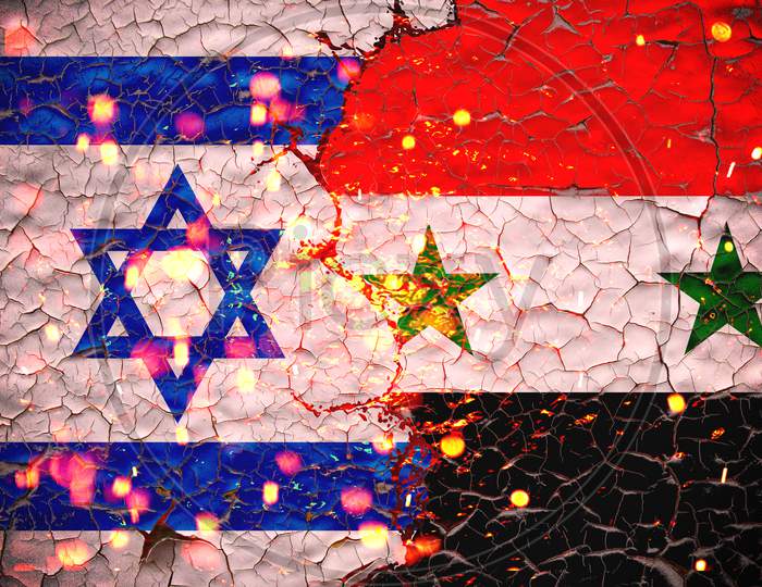 Grunge Israel Vs Syria National Flags Icon Pattern Isolated On Broken Cracked Wall Background, Abstract International Political Relationship Friendship Divided Conflicts Concept Wallpaper.