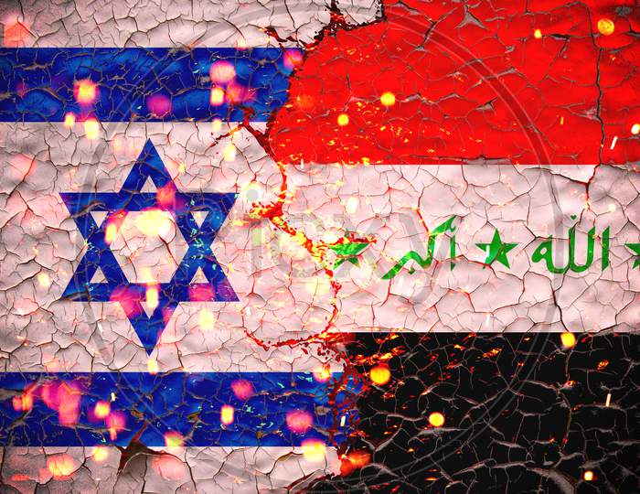 Grunge Israel Vs Iraq National Flags Icon Pattern Isolated On Broken Cracked Wall Background, Abstract International Political Relationship Friendship Divided Conflicts Concept Wallpaper.