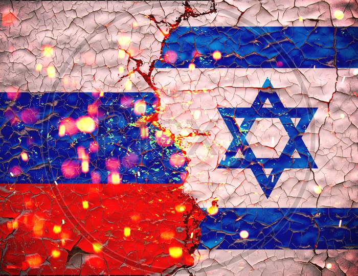 Grunge Israel Vs Russia National Flags Icon Pattern Isolated On Broken Cracked Wall Background, Abstract International Political Relationship Friendship Divided Conflicts Concept Wallpaper.