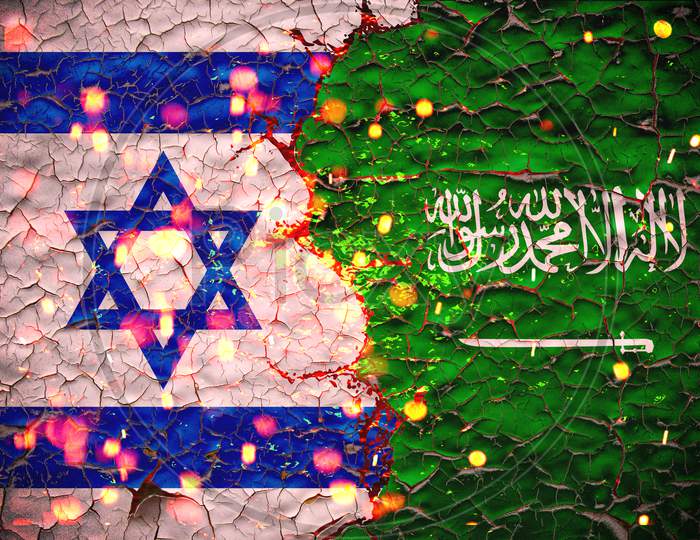 Grunge Israel Vs Saudi Arabia National Flags Icon Pattern Isolated On Broken Cracked Wall Background, Abstract International Political Relationship Friendship Divided Conflicts Concept Wallpaper.