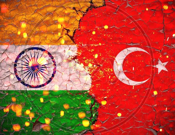 Grunge India Vs Turkey National Flags Icon Pattern Isolated On Broken Cracked Wall Background, Abstract International Political Relationship Friendship Divided Conflicts Concept Wallpaper.