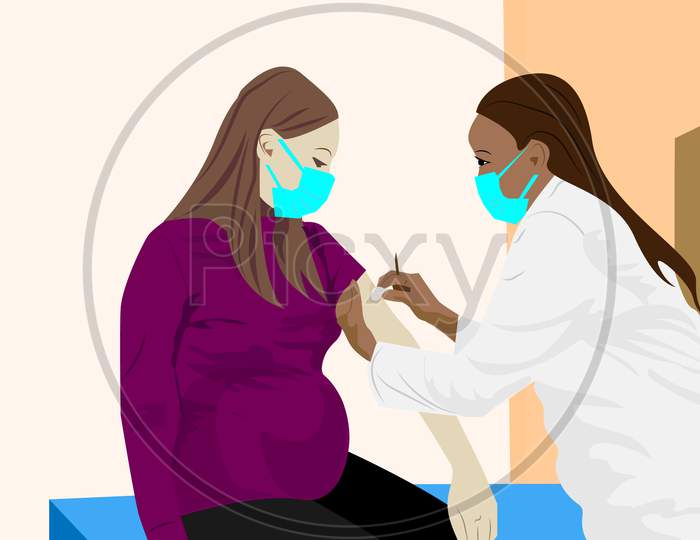 The doctor took a syringe to making vaccine injection in shoulder of pregnant woman with face mask.Pregnant woman vaccination poster